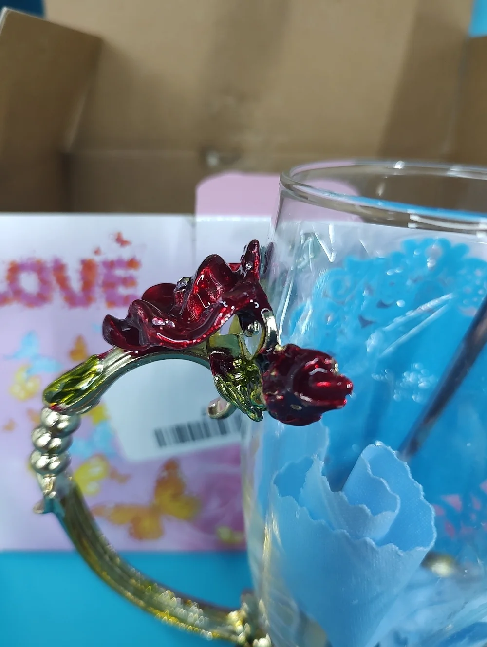Handicraft Crystal Glass 3D Flower Tea Cup with Spoon Red Rose Accents